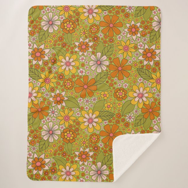 Cobertor Sherpa 1960, 1970 Retro Floral Verde e Laranja (Frente)
