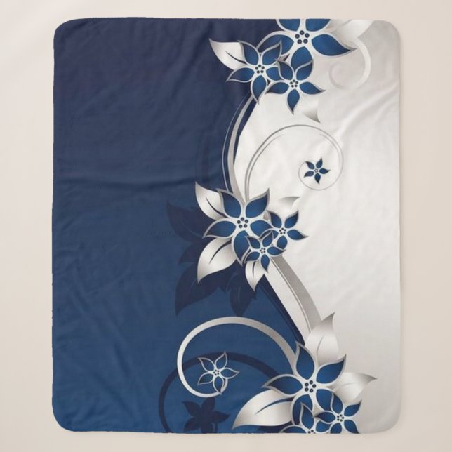Cobertor Sherpa 3D flores azuis e brancas (Frente)