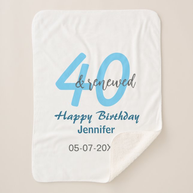 Cobertor Sherpa 40th & renewed birthday name date blue bold number (Frente)