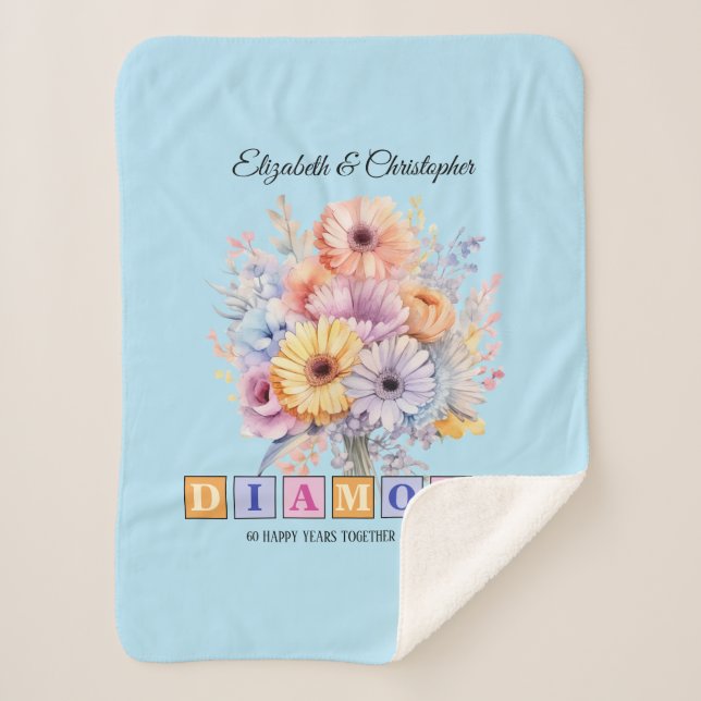 Cobertor Sherpa 60º aniversário do Diamond flores gerbera azul (Frente)