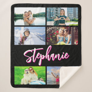 Cobertor Sherpa 6 Colagem de Fotografias Média Preta Rosa-Quente P