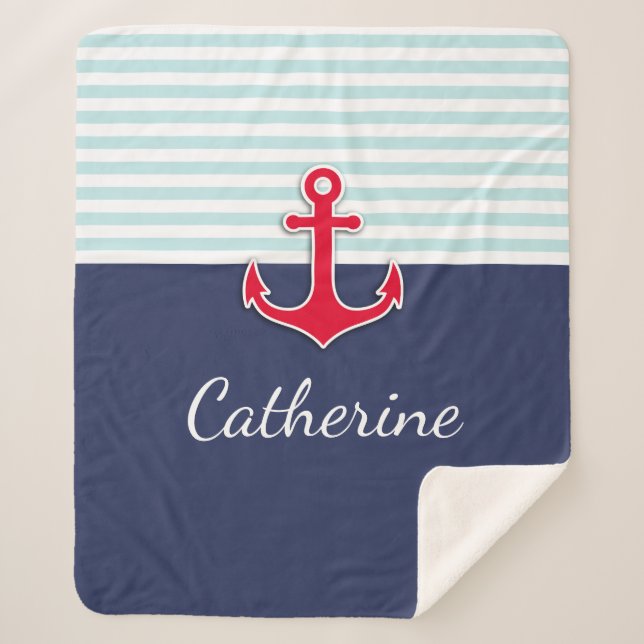 Cobertor Sherpa A âncora náutica do vermelho de azuis marinhos (Frente)