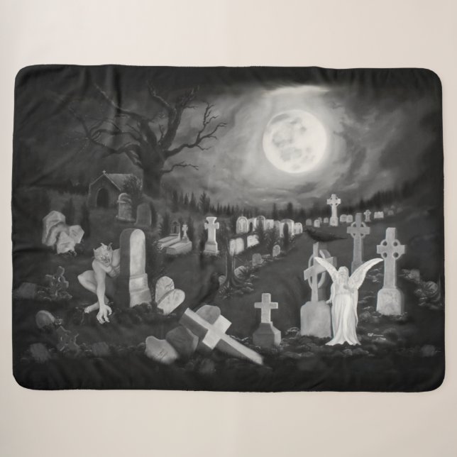 Cobertor Sherpa À noite no cemitério - Anjo com o Diabo (Frente (Horizontal))