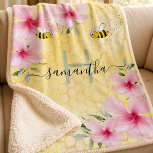 Cobertor Sherpa Abejas zumbadoras florais rosa favo de mel monogra