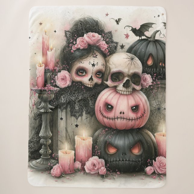 Cobertor Sherpa Abóbora e Arte de Caveira Pastel Goth  (Frente)