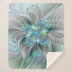 Cobertor Sherpa Abstrato Azul Borboleta Verde Fantasia Arte Fracta