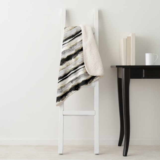 Cobertor Sherpa Abstrato Black & Dourado Watercolor Stripes (In Situ)