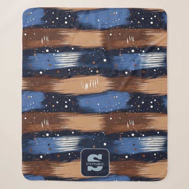 Cobertor Sherpa Abstrato Brushstrokes em Azul, Branco e Marrom (3) (Frente)