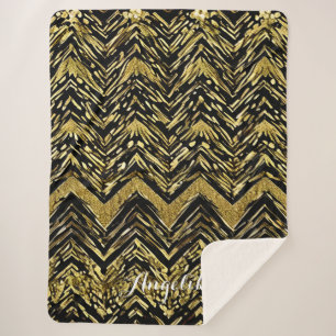 Cobertor Sherpa Abstrato Chevron Dourado e Black Personalization N