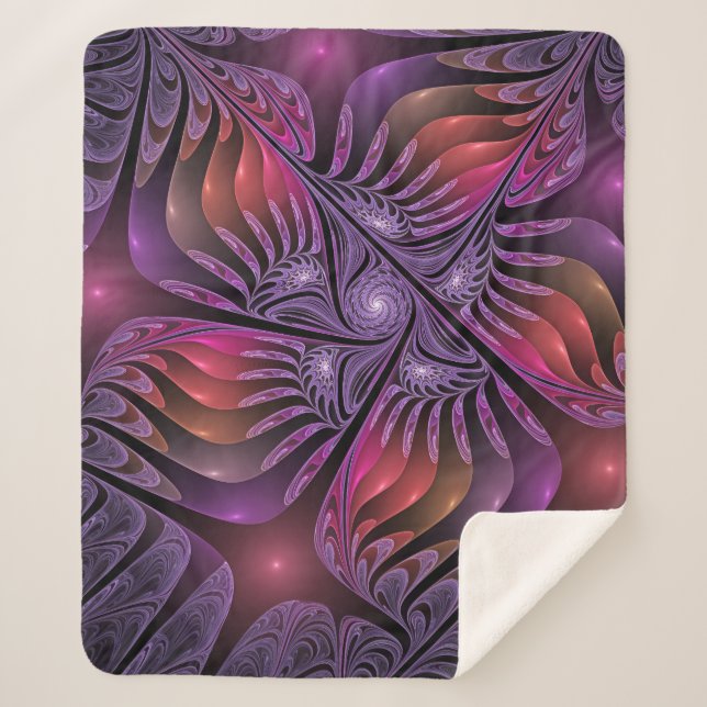 Cobertor Sherpa Abstrato de Fantasia Colorida Fractal Roxo (Frente)