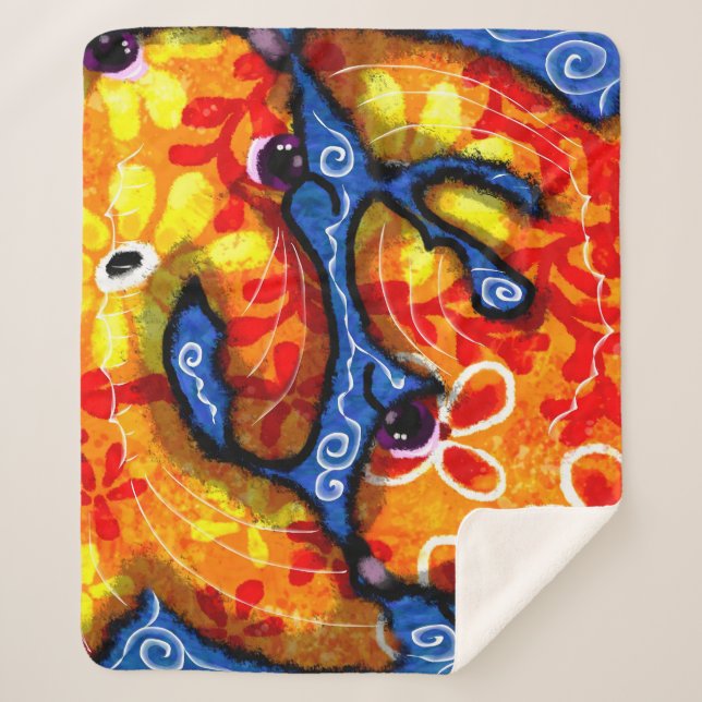 Cobertor Sherpa Abstrato Koi Goldfish Laranja Azul Floral (Frente)