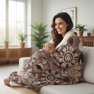 Cobertor Sherpa Abstrato Terroso Chic Marrom e Bege Tribal Moderno