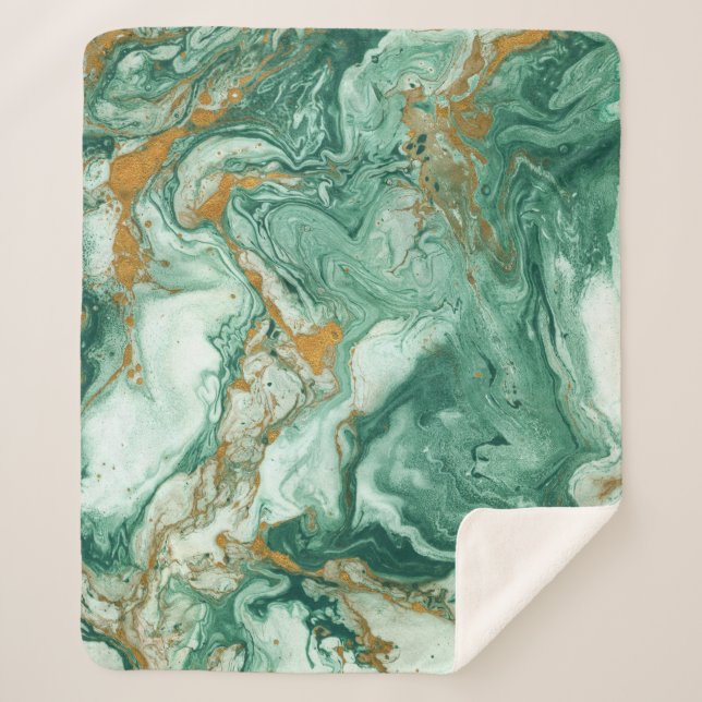 Cobertor Sherpa acrílico ouro-verde: textura de mármore. (Frente)