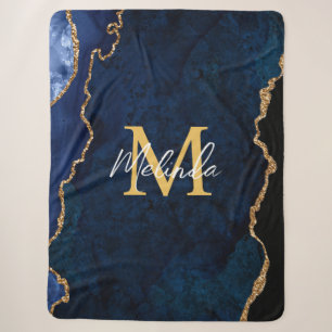 Cobertor Sherpa Ágata Marmore Azul Naval e Dourado