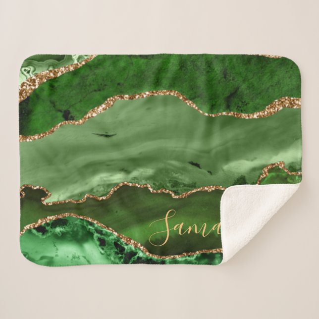 Cobertor Sherpa Ágata Mármore Brilho Verde e Ouro Falso (Frente (Horizontal))