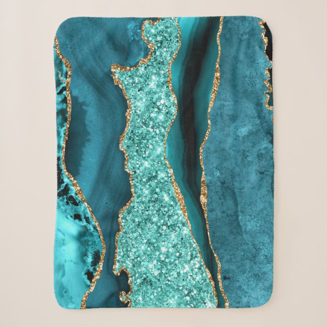 Cobertor Sherpa Agate Teal Blue Glitter Aqua Turquoise (Frente)