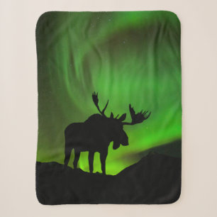 Cobertor Sherpa Alce com Aurora Boreal Verde, Alasca