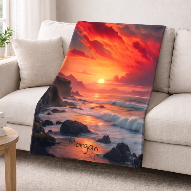 Cobertor Sherpa Alfery Fiery Sunset Coastline - Clipes Oceanos (Criador carregado)