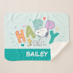 Cobertor Sherpa Amendoins   Snoopy & Woodstock Happy