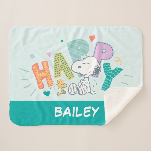 Cobertor Sherpa Amendoins | Snoopy & Woodstock Happy (Frente (Horizontal))