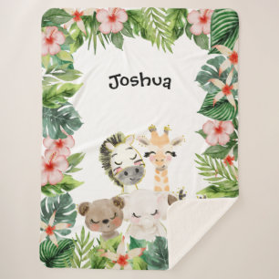 Cobertor Sherpa Amigos da Safari Dourada Floral Aquarelado de Fo