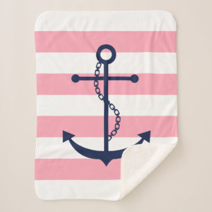 Cobertor Sherpa Âncora Azul em faixas rosa