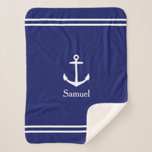 Cobertor Sherpa Âncora branca no Marinho azul personalizado