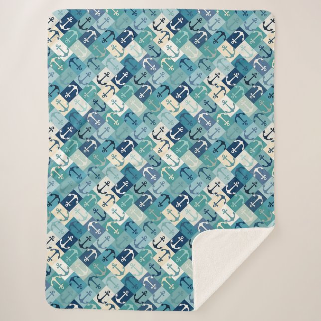 Cobertor Sherpa âncora espinha de peixe azul (Frente)