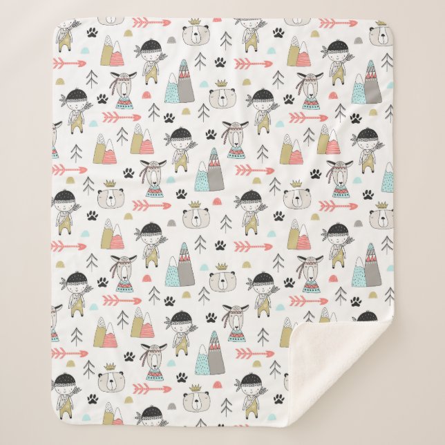 Cobertor Sherpa Animais bonitos da floresta & teste padrão indiano (Frente)