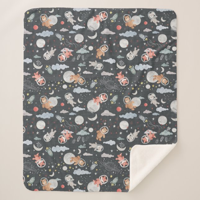 Cobertor Sherpa Animais espaciais - textura azul de aço escuro (Frente)