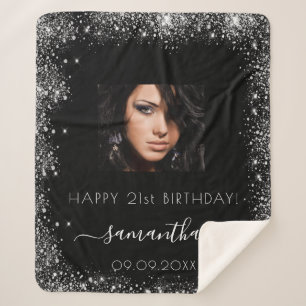 Cobertor Sherpa Aniversário preto, foto personalizada prateada, n