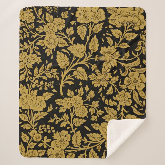 Cobertor Sherpa Antique Gold Floral Indian Lac-work Black Pattern (Frente)