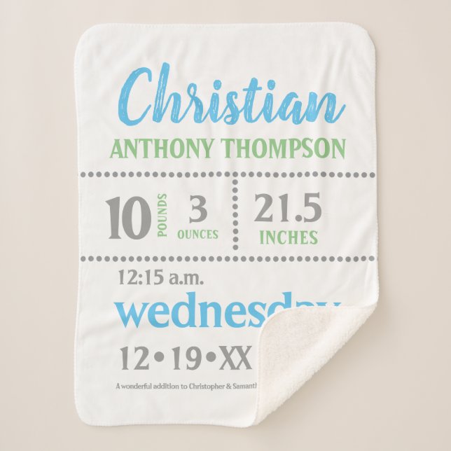 Cobertor Sherpa Anúncio do Baby Boy, azul, verde, Cinzas, impressõ (Frente)