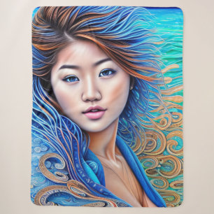 Cobertor Sherpa Aqua Fantasy Mulher Azul Onda Abstrato Art
