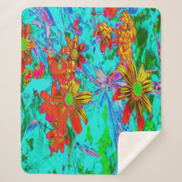 Cobertor Sherpa Aqua Tropical com Flores Amarelas e Laranja