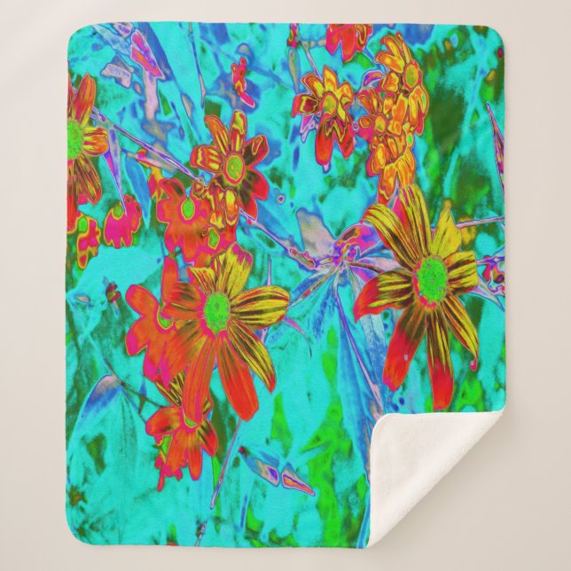 Cobertor Sherpa Aqua Tropical com Flores Amarelas e Laranja (Frente)