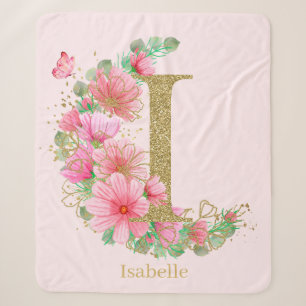 Cobertor Sherpa Aquarela Dourada e Monograma Floral Letra I