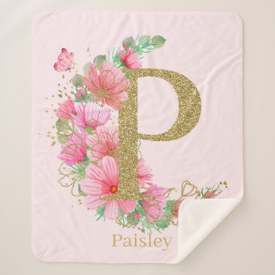 Cobertor Sherpa Aquarela Dourada e Monograma Floral Letra P