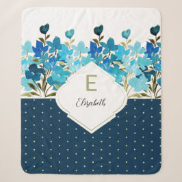 Cobertor Sherpa Aquarela Moderna Boho Azul Floral Pintada à Mão