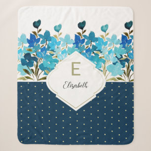 Cobertor Sherpa Aquarela Moderna Boho Azul Floral Pintada à Mão