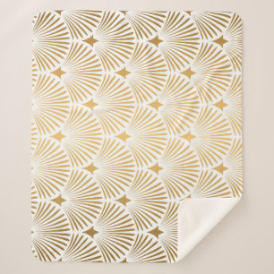 Cobertor Sherpa Art Deco: Elegância Dourada-Branca.