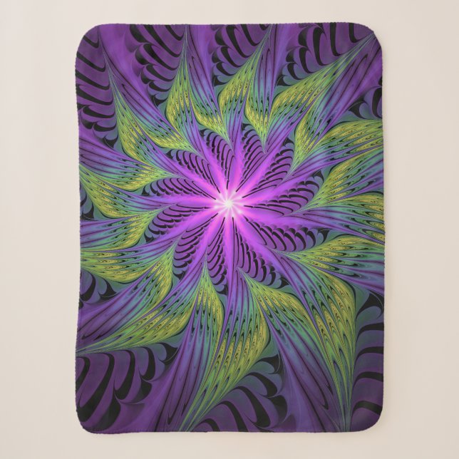 Cobertor Sherpa Arte abstrata fractal moderna flor roxa verde (Frente)