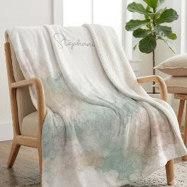 Cobertor Sherpa Arte de Aquarela Fluida Etérea Sage e Blush