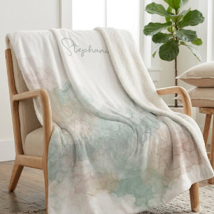 Cobertor Sherpa Arte de Aquarela Fluida Etérea Sage e Blush