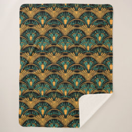 Cobertor Sherpa Arte Deco em Azul-petróleo e Dourado