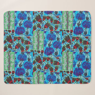 Cobertor Sherpa Arte Floral Azul e Verde Maximalista Vibrante