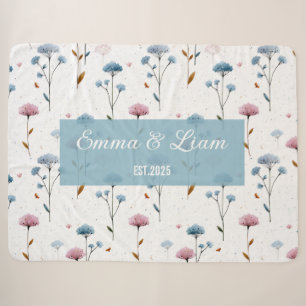 Cobertor Sherpa Arte Floral Personalizada Minimalista Vintage Azul