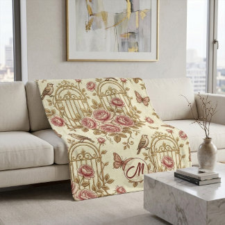 Cobertor Sherpa Arte Floral Vitoriano Jardim Aves Monograma