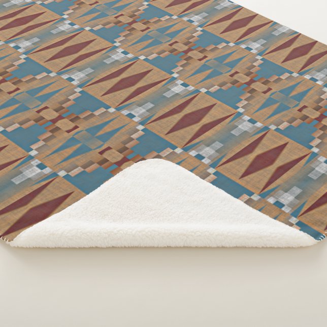 Cobertor Sherpa Arte Mosaica Tribal Vermelha Escura Azul Taupe Cas (3/4)