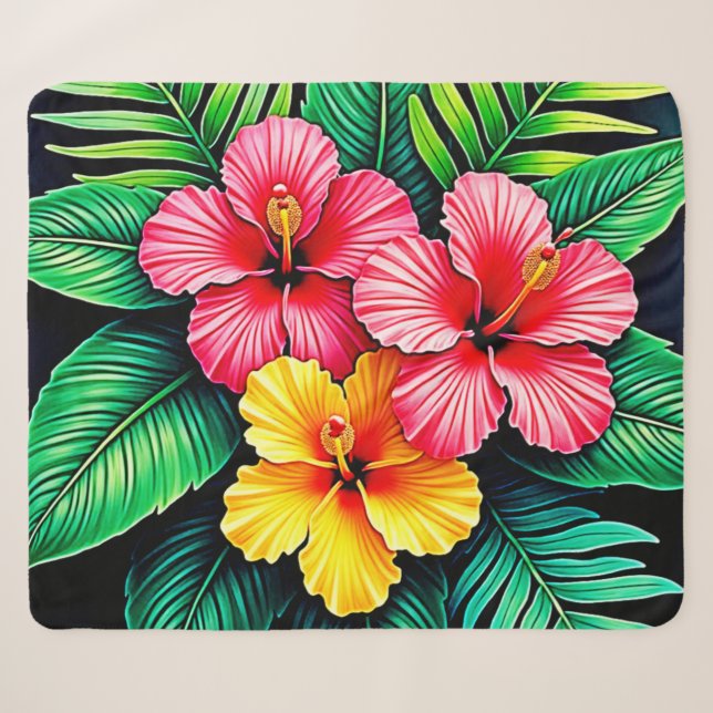 Cobertor Sherpa Arte Tropical de Hibiscus Vibrant (Frente (Horizontal))